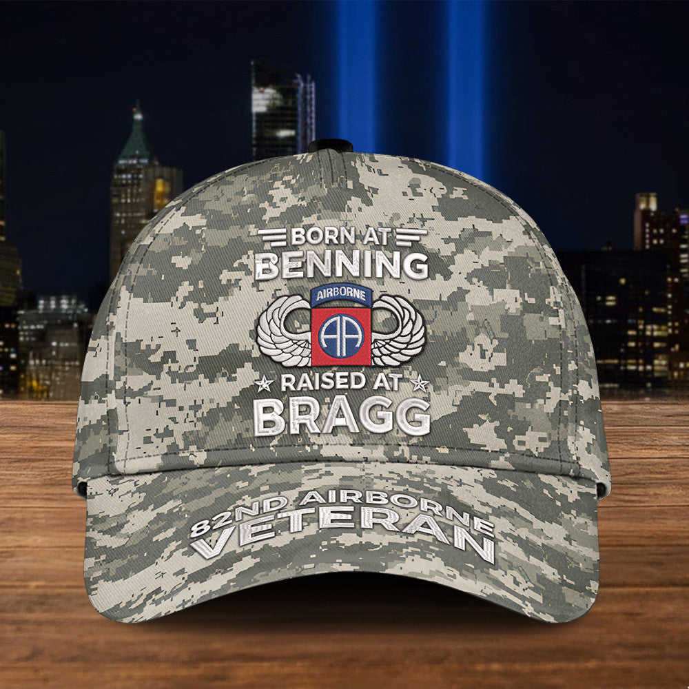 82Nd Airborne Veteran Born At Benning Raised At Bragg Camo Hat 82Nd Airborne Veteran Hat